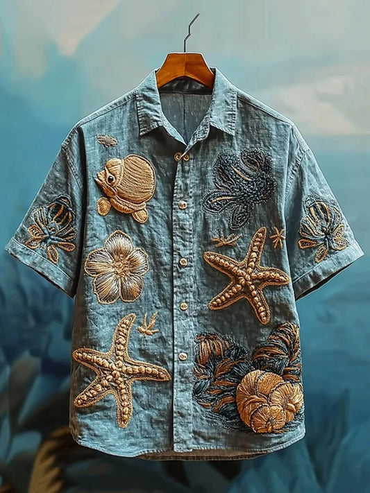 SweetChair Men's Embroidered Marine Life Pattern Linen Shirt