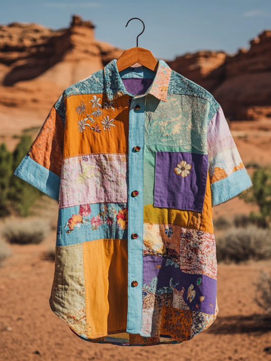 SweetChair Men's Loose Floral Applique Patchwork Art Shirt