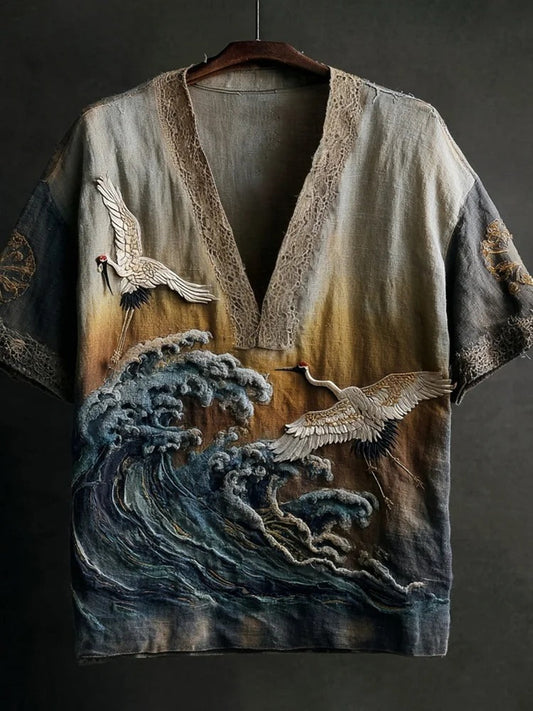 SweetChair Japanese Embossed Crane & Waves Vintage Art V-Neck Shirt