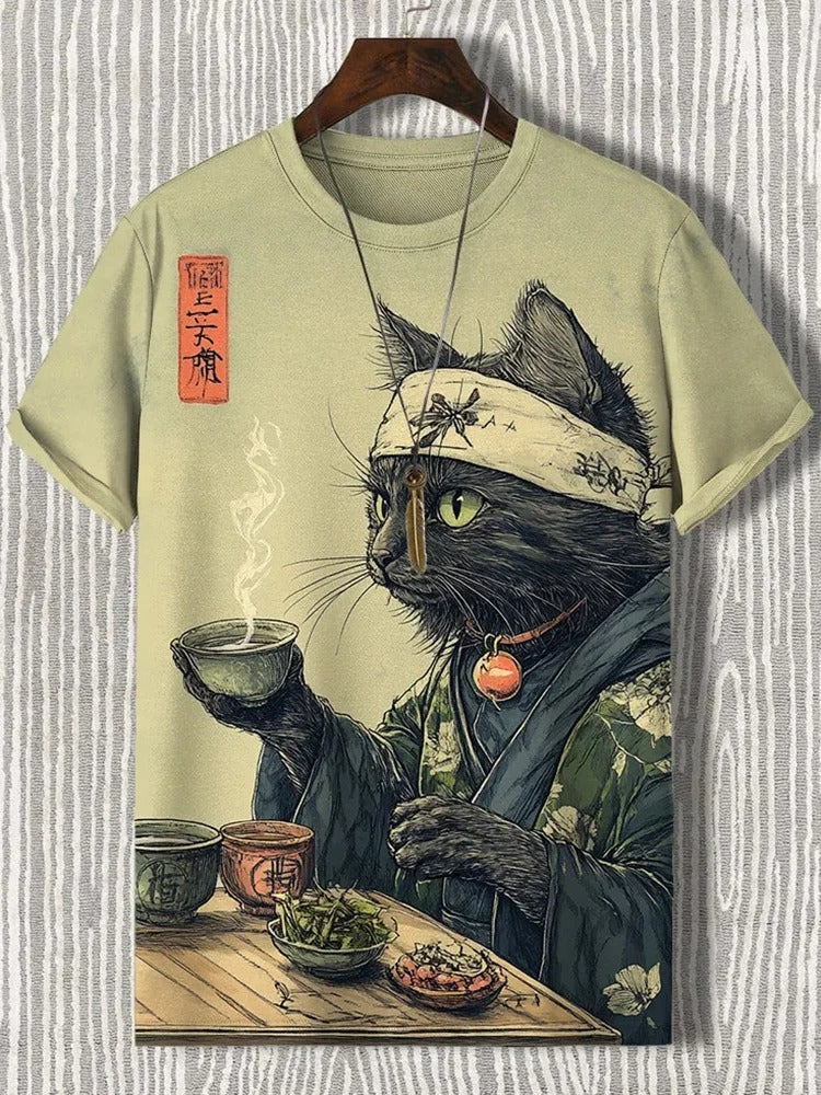 SweetChair Men's Zen Cat Japanese Tea Ceremony Art Print T-Shirt