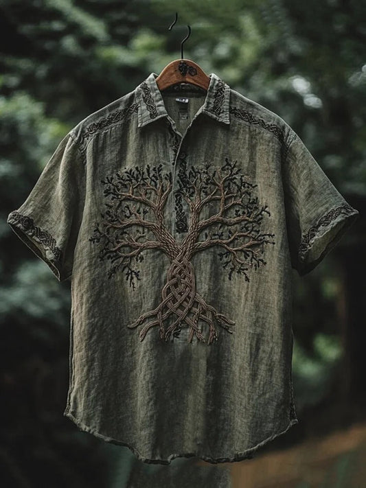 SweetChair Men's Viking Tree of Life Embroidered Lapel Shirt