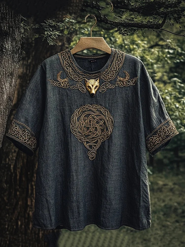 SweetChair Men's Viking Celtic Knot Wolf Head Linen T-shirt