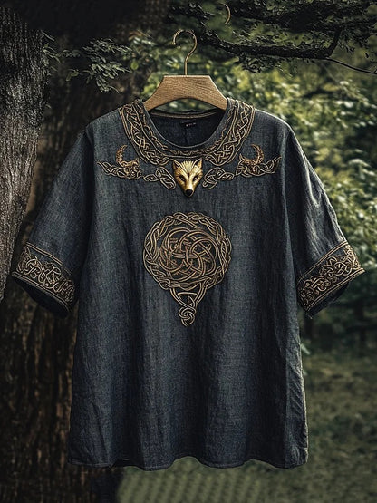 SweetChair Men's Viking Celtic Knot Wolf Head Linen T-shirt
