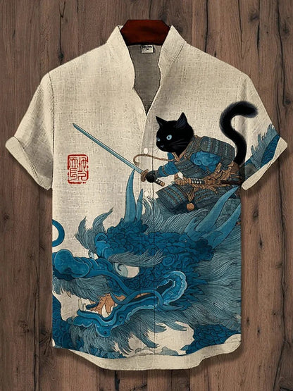 SweetChair Men's Samurai Cat & Dragon Art Print Casual Shirt