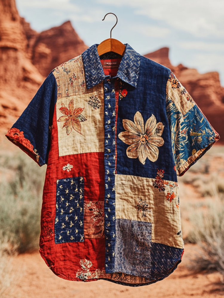 SweetChair Men's Vintage Patchwork America Blue Red Floral Shirt