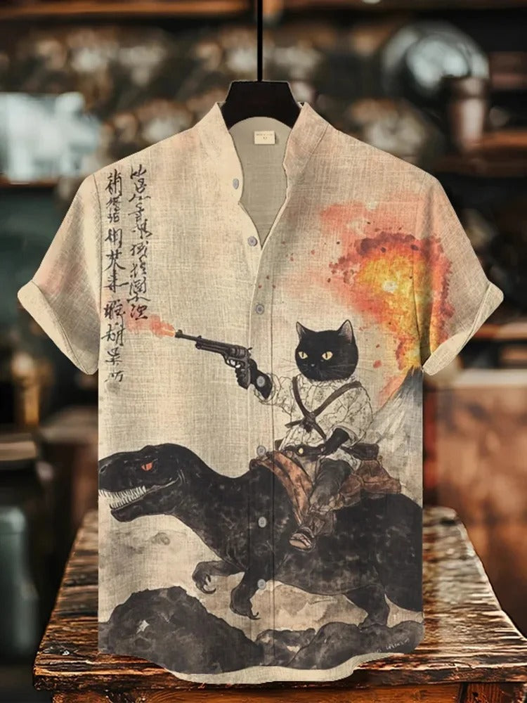 SweetChair Men's Retro Calligraphy Cat Dinosaur Volcanic Print Shirt