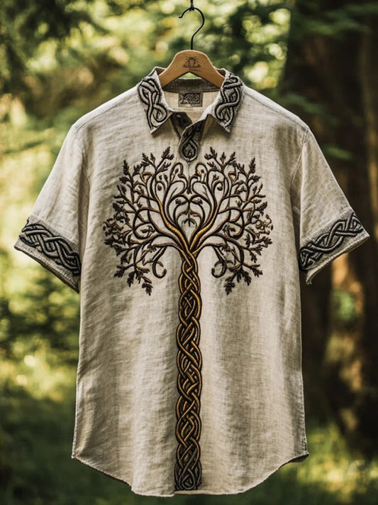 SweetChair Men's Viking Tree of Life Embroidered Lapel Shirt