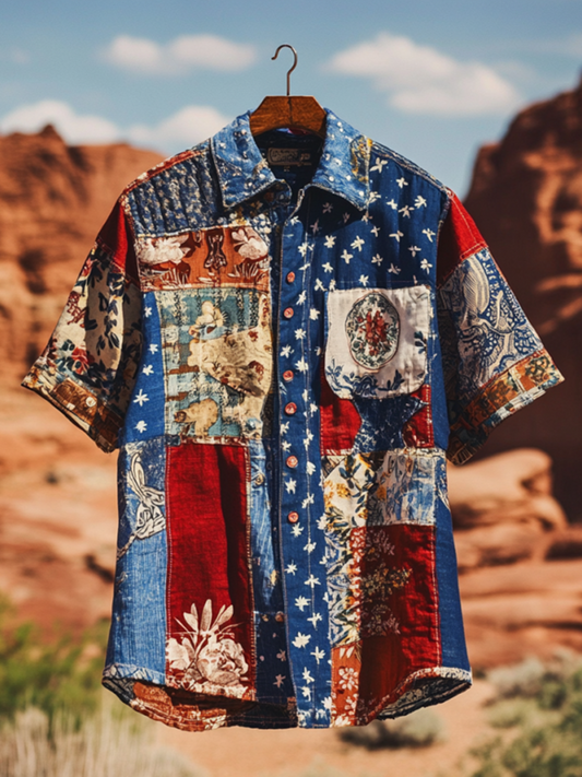 SweetChair Men's Vintage Patchwork America Blue Red Floral Shirt