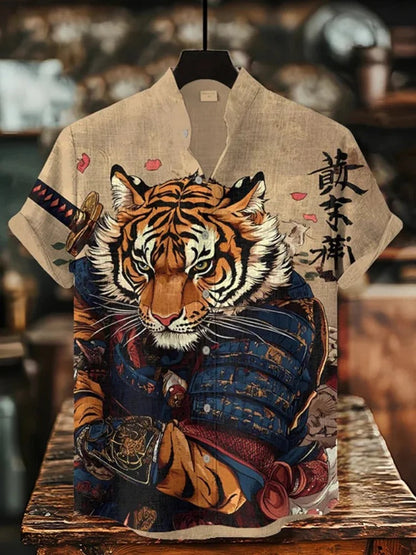 SweetChair Men's Tiger Warrior Calligraphy Art Print Casual Shirt