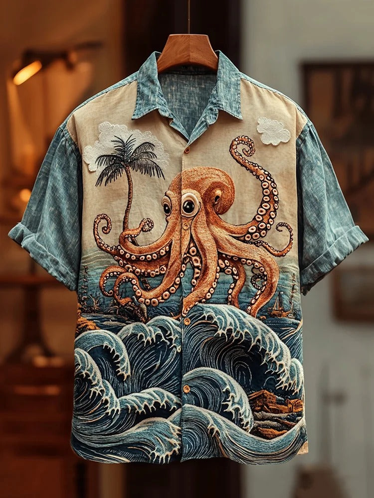 SweetChair Men's Embroidered Ukiyo-e Octopus Hawaiian Shirt