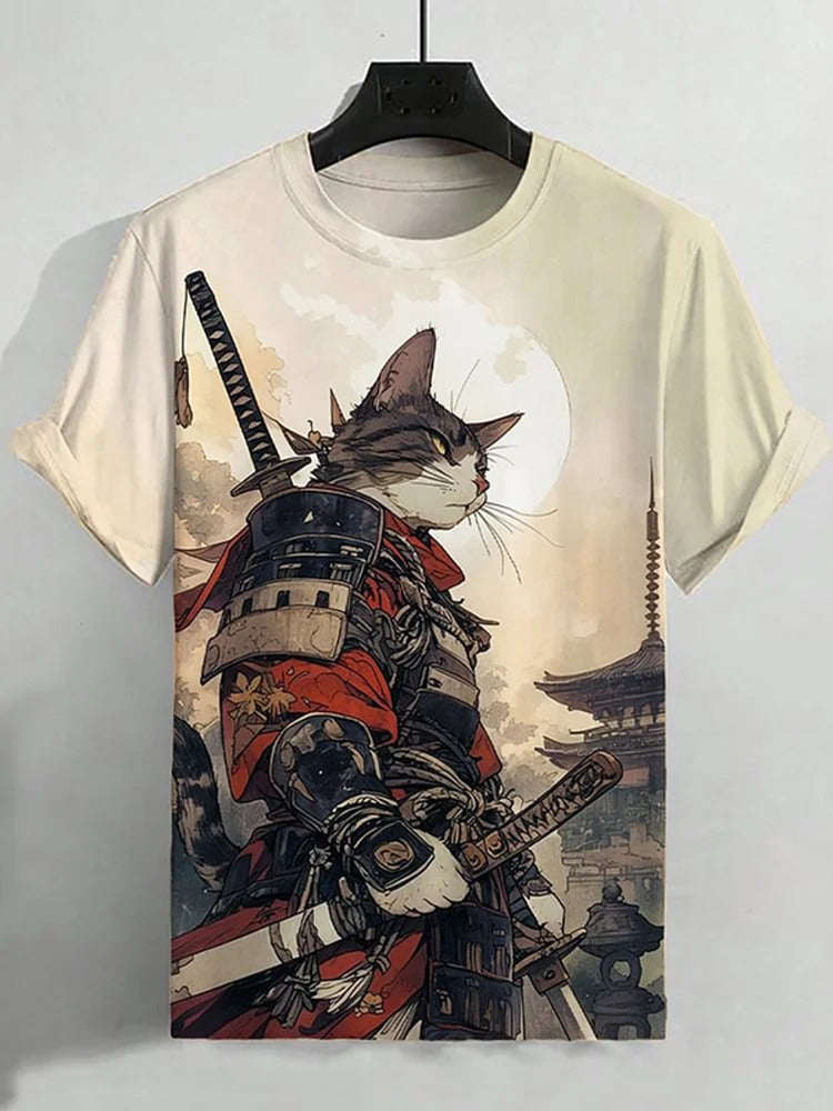 SweetChair Men's Cat Warrior Samurai Art Print T-Shirt