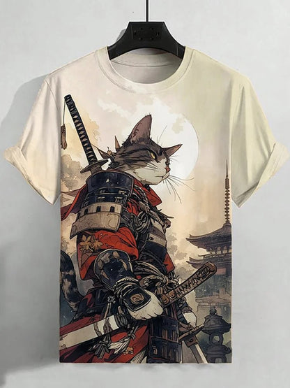 SweetChair Men's Cat Warrior Samurai Art Print T-Shirt