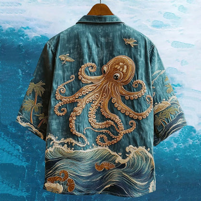 SweetChair Men's Embroidered Ocean Octopus Hawaiian Summer Vacation Shirt