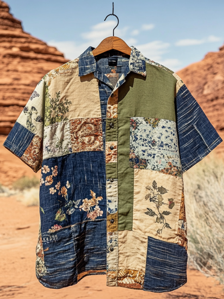 SweetChair Men's Applique Patchwork Art Casual Shirt