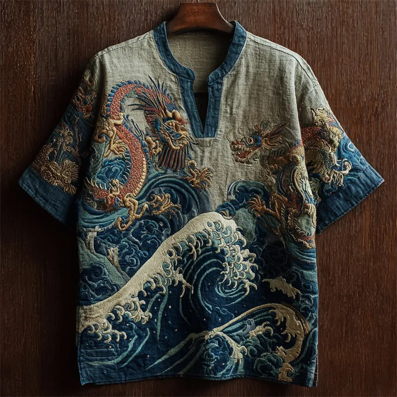 SweetChair Sea Waves & Dragons Japanese Embroidered Linen Shirt