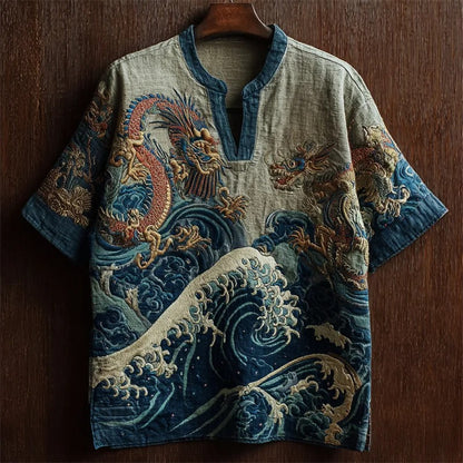 SweetChair Sea Waves & Dragons Japanese Embroidered Linen Shirt