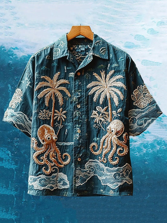 SweetChair Men's Embroidered Ocean Octopus Hawaiian Summer Vacation Shirt