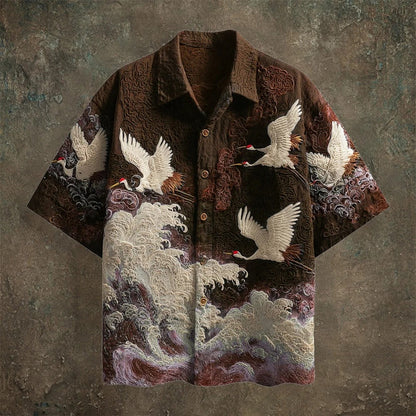SweetChair Japanese Crane Embroidered Shirt – Premium Wave Pattern | Casual Kimono Summer Shirt