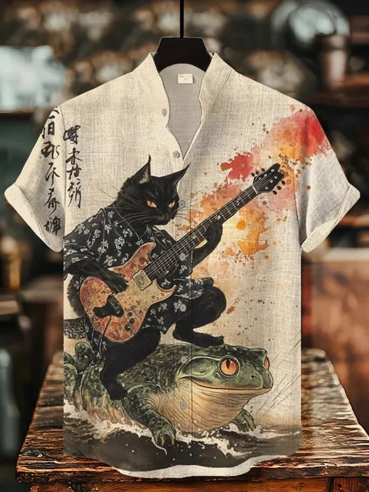 SweetChair Men's Black Cat Riding On Toad Playing Guitar Print Shirt