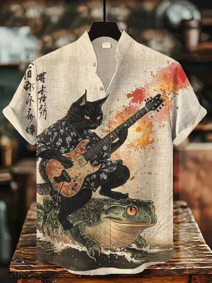 SweetChair Men's Black Cat Riding On Toad Playing Guitar Print Shirt