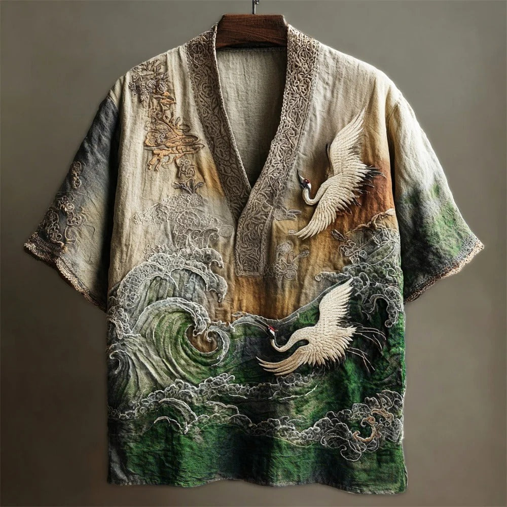 SweetChair Japanese Embossed Crane Art Men's Linen V-neck Shirt