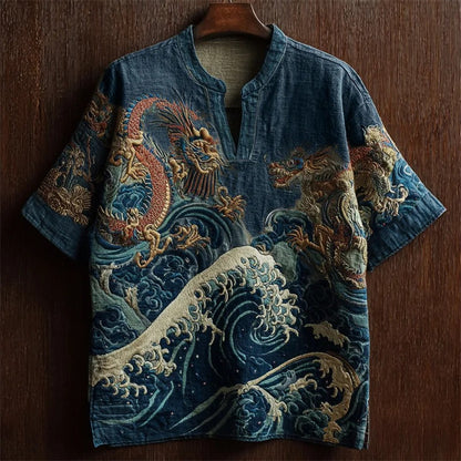 SweetChair Sea Waves & Dragons Japanese Embroidered Linen Shirt