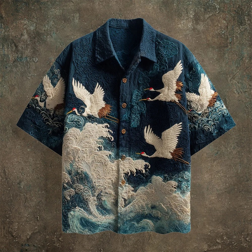 SweetChair Japanese Crane Embroidered Shirt – Premium Wave Pattern | Casual Kimono Summer Shirt
