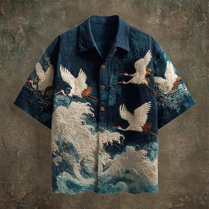 SweetChair Japanese Crane Embroidered Shirt – Premium Wave Pattern | Casual Kimono Summer Shirt