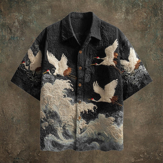 SweetChair Japanese Crane Embroidered Shirt – Premium Wave Pattern | Casual Kimono Summer Shirt