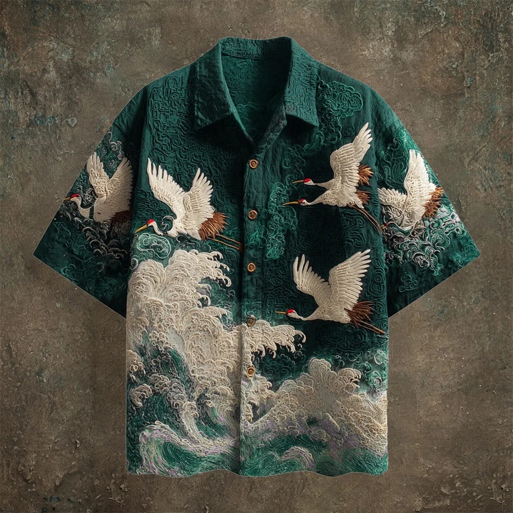SweetChair Japanese Crane Embroidered Shirt – Premium Wave Pattern | Casual Kimono Summer Shirt