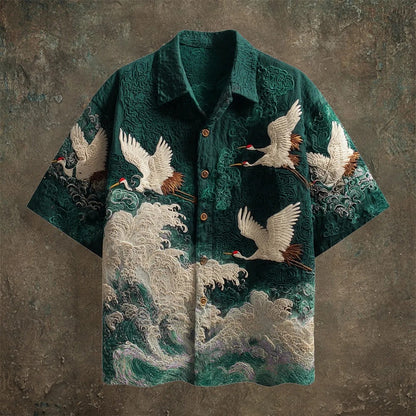 SweetChair Japanese Crane Embroidered Shirt – Premium Wave Pattern | Casual Kimono Summer Shirt