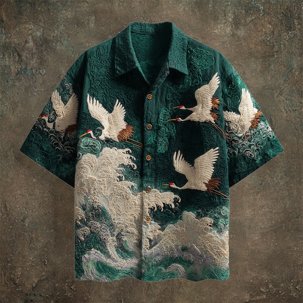 SweetChair Japanese Crane Embroidered Shirt – Premium Wave Pattern | Casual Kimono Summer Shirt