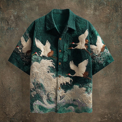 SweetChair Japanese Crane Embroidered Shirt – Premium Wave Pattern | Casual Kimono Summer Shirt