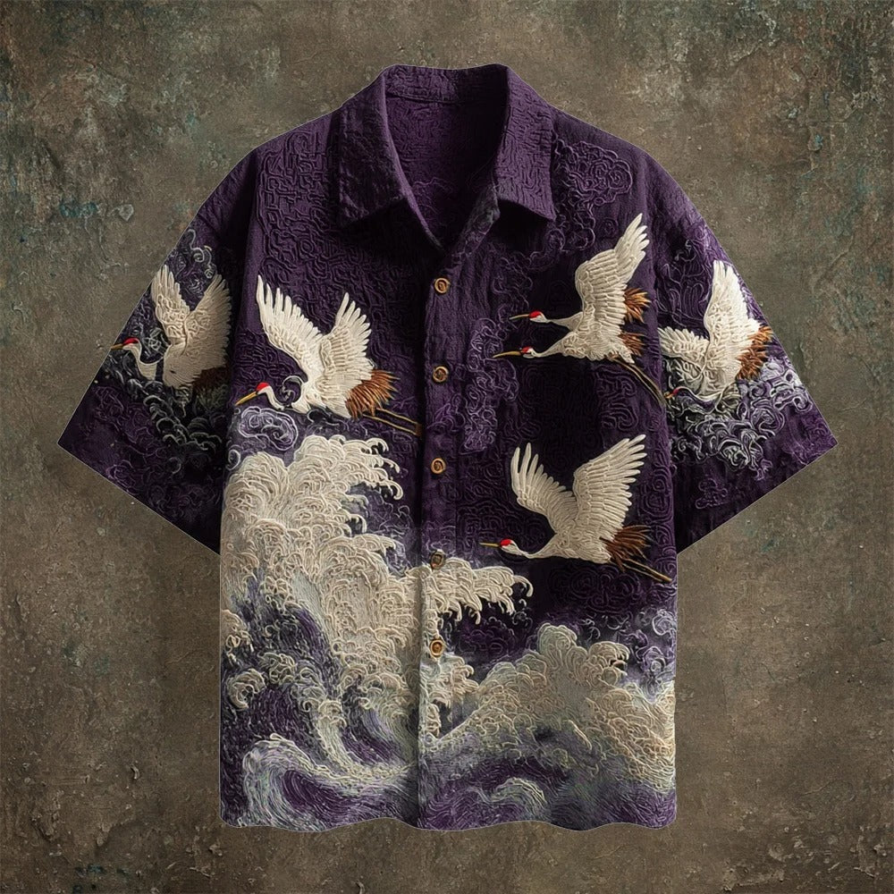 SweetChair Japanese Crane Embroidered Shirt – Premium Wave Pattern | Casual Kimono Summer Shirt