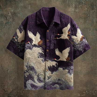 SweetChair Japanese Crane Embroidered Shirt – Premium Wave Pattern | Casual Kimono Summer Shirt