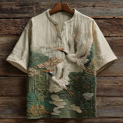 SweetChair Men's Vintage Cranes & Bamboo Japanese Art Embroidery Shirt