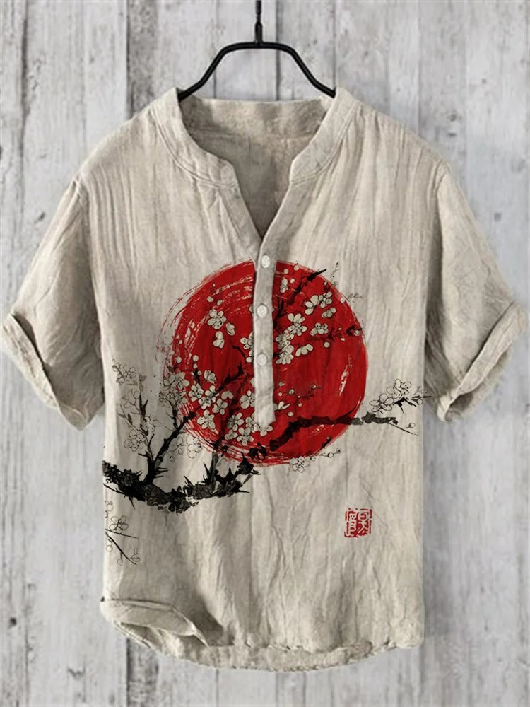 SweetChair Plum Blossom & Sunrise Japanese Art Linen Blend Shirt