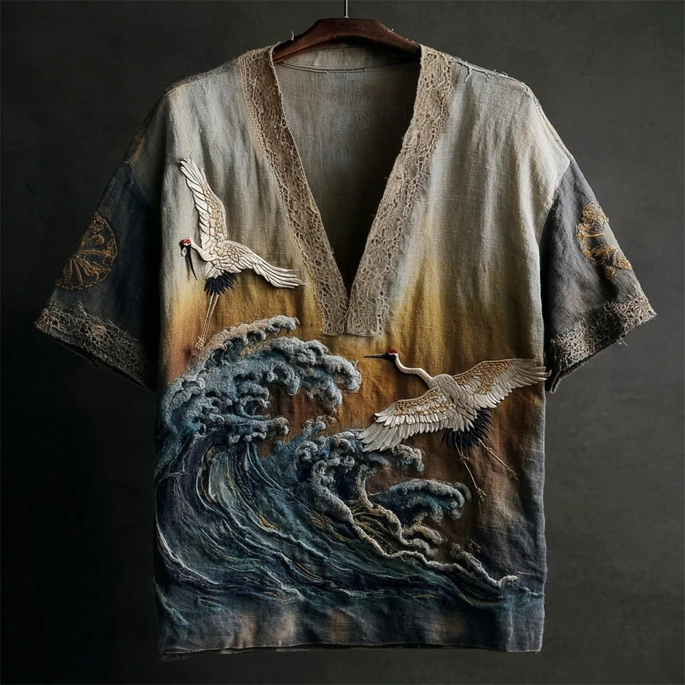 SweetChair Japanese Embossed Crane & Waves Vintage Art V-Neck Shirt