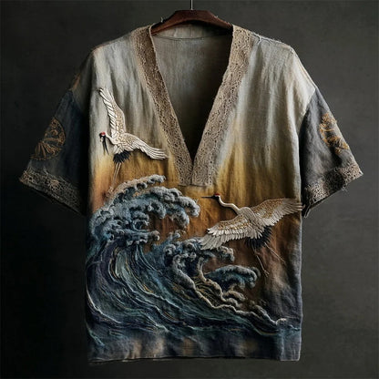 SweetChair Japanese Embossed Crane & Waves Vintage Art V-Neck Shirt