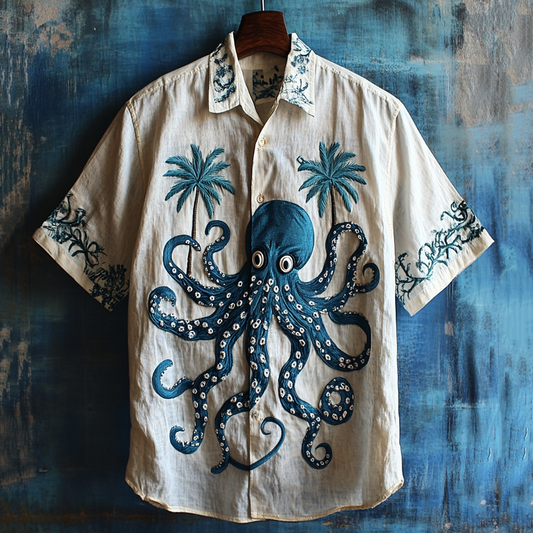 SweetChair Men's Embroidered Octopus & Coconut Tree Hawaiian Shirt
