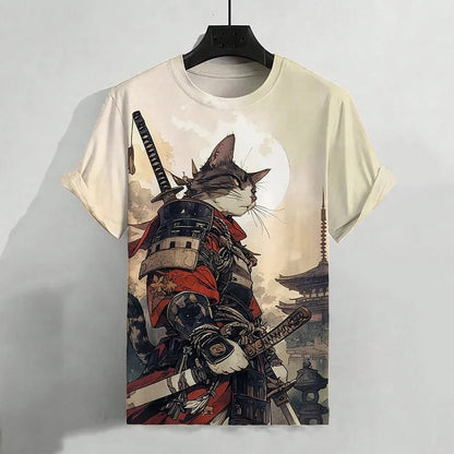 SweetChair Men's Cat Warrior Samurai Art Print T-Shirt