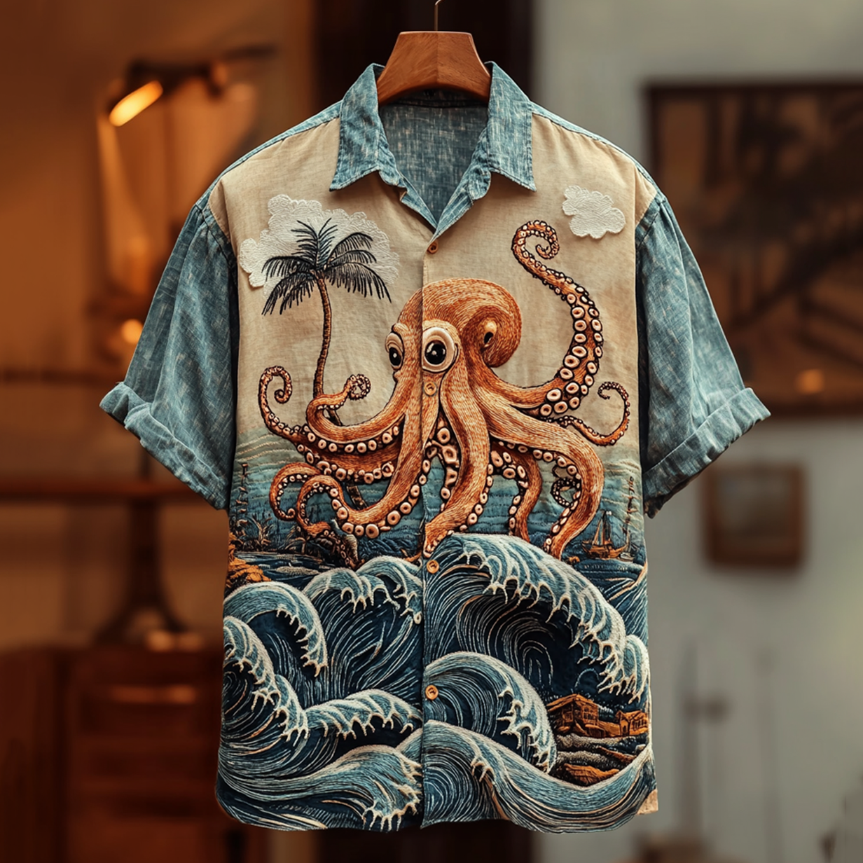 SweetChair Men's Embroidered Ukiyo-e Octopus Hawaiian Shirt