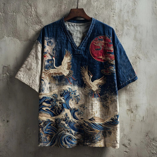 SweetChair Japanese Pine & Waves Embroidered V-Neck Linen Shirt