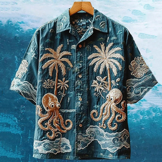 SweetChair Men's Embroidered Ocean Octopus Hawaiian Summer Vacation Shirt