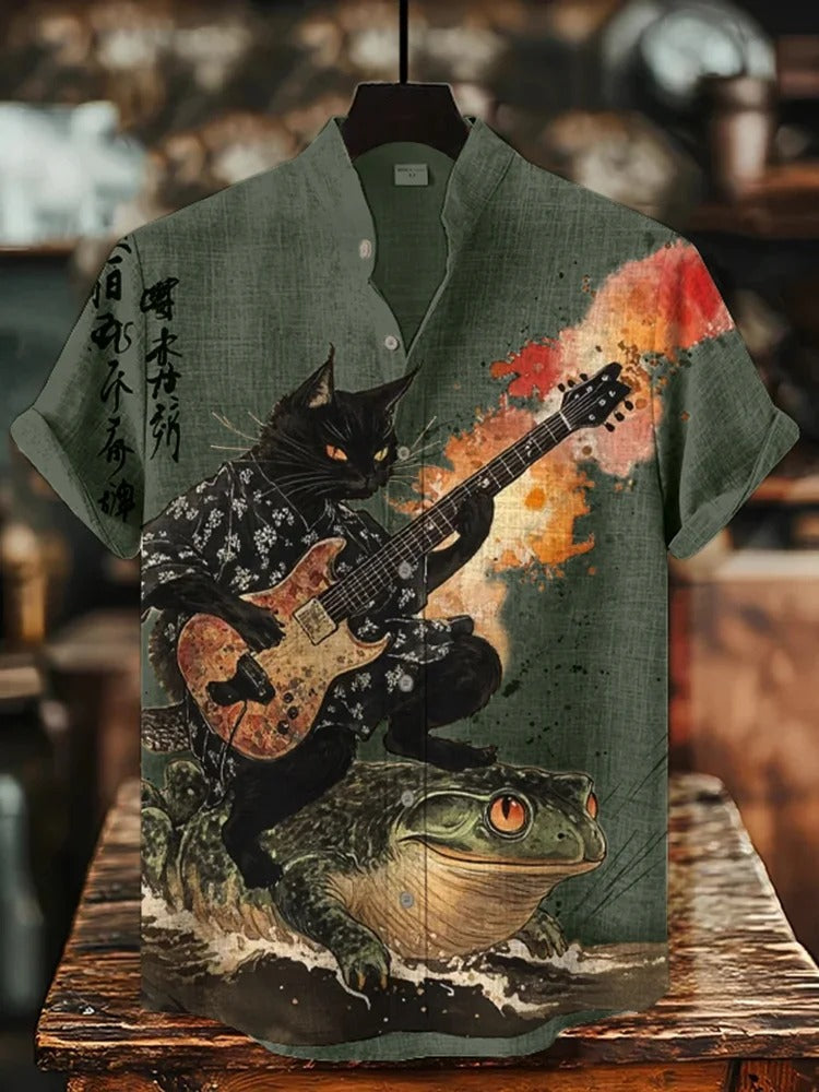 SweetChair Men's Black Cat Riding On Toad Playing Guitar Print Shirt