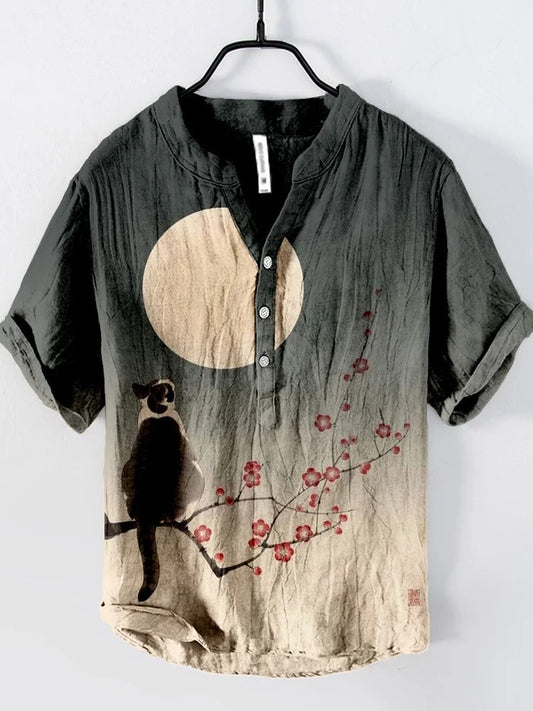 SweetChair Cute Cat & Cherry Blossom Art Linen Blend Shirt