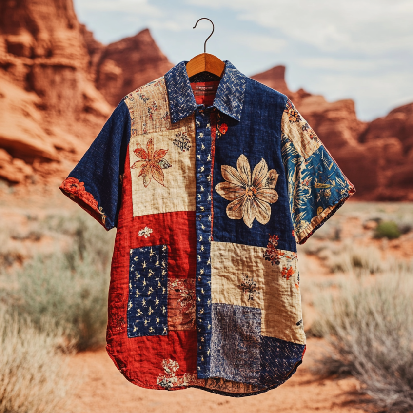 SweetChair Men's Vintage Patchwork America Blue Red Floral Shirt