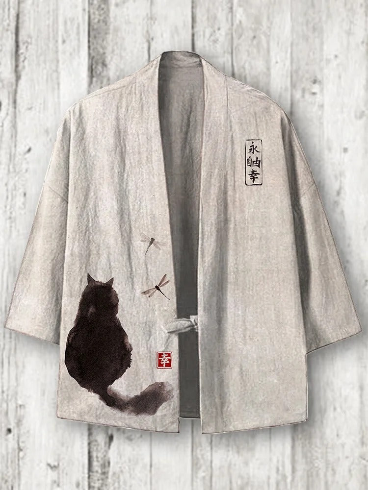 SweetChair Japanese Art Cat Print Cozy Linen Blend Kimono Cardigan