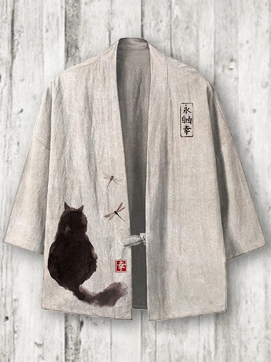 SweetChair Japanese Art Cat Print Cozy Linen Blend Kimono Cardigan