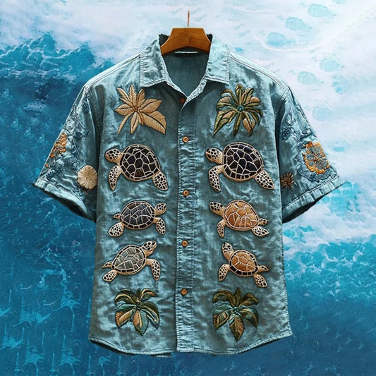 SweetChair Men's Embroidered Sea Life Turtle Vacation Shirt